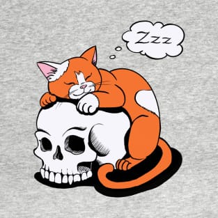 red orange cat sleeping on the vampire skull T-Shirt